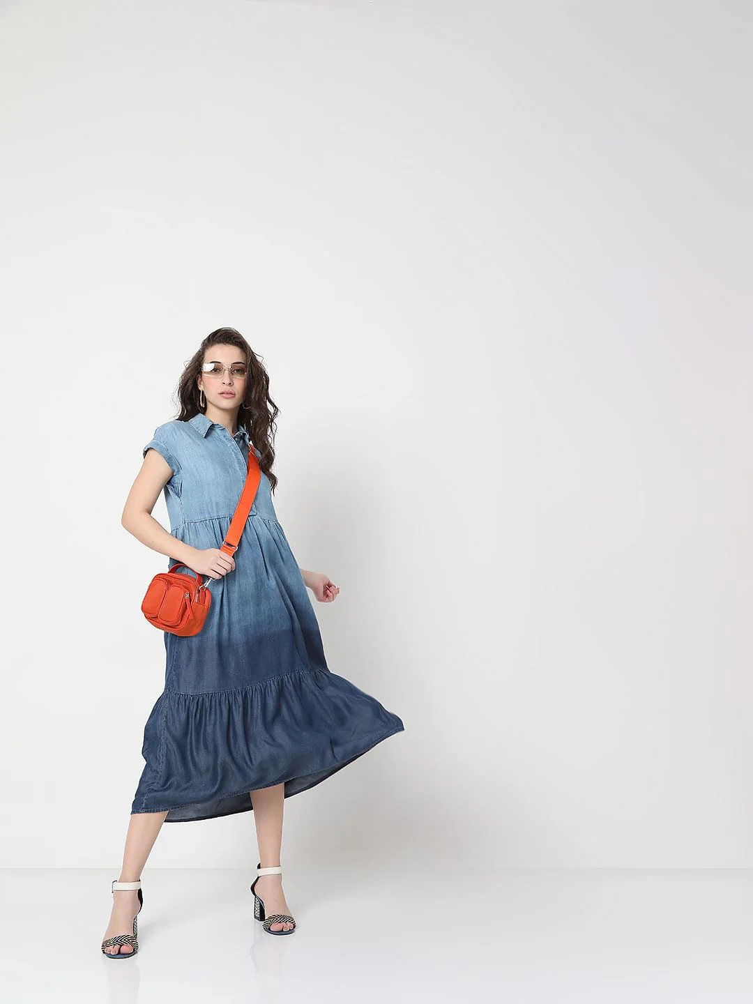 Blue Colourblocked Denim Midi Dress