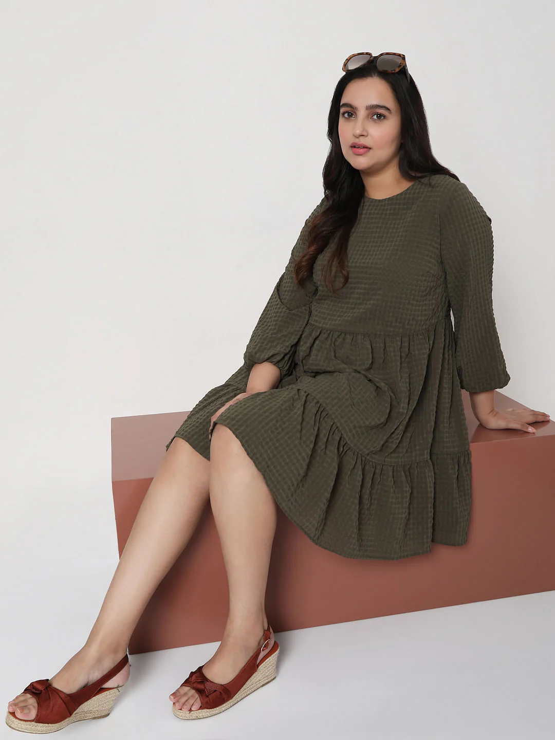 Curve Green Textured Tiered Dress