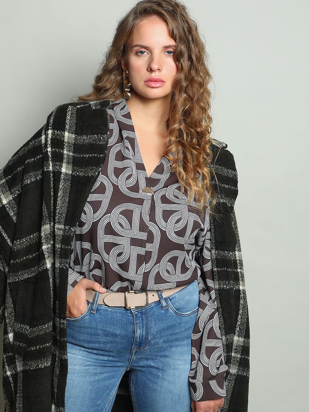 Curve Brown Abstract Print Top