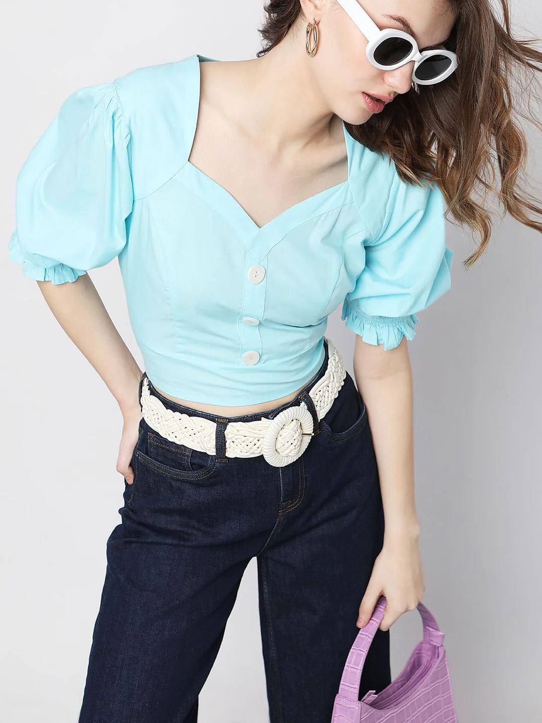 Blue Puff Sleeves Cropped Top