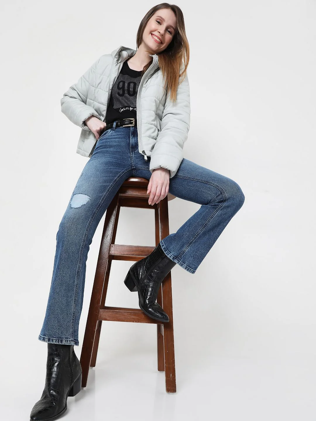 Mid Rise Ripped Bootcut Jeans