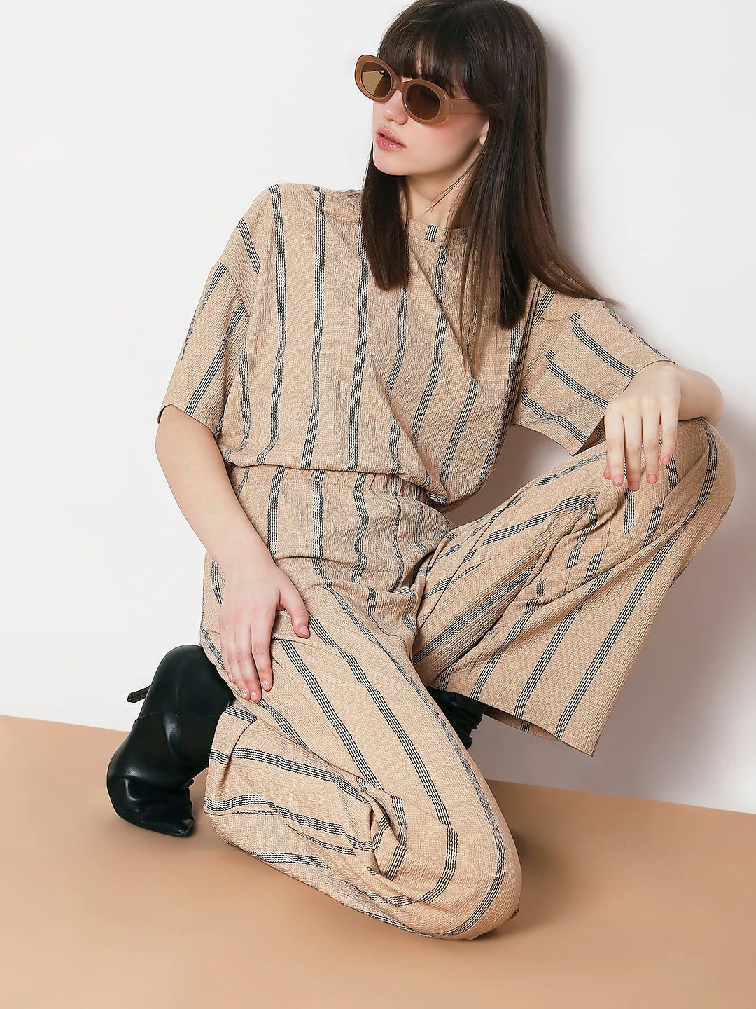 Beige Striped Co-Ord Set T-Shirt