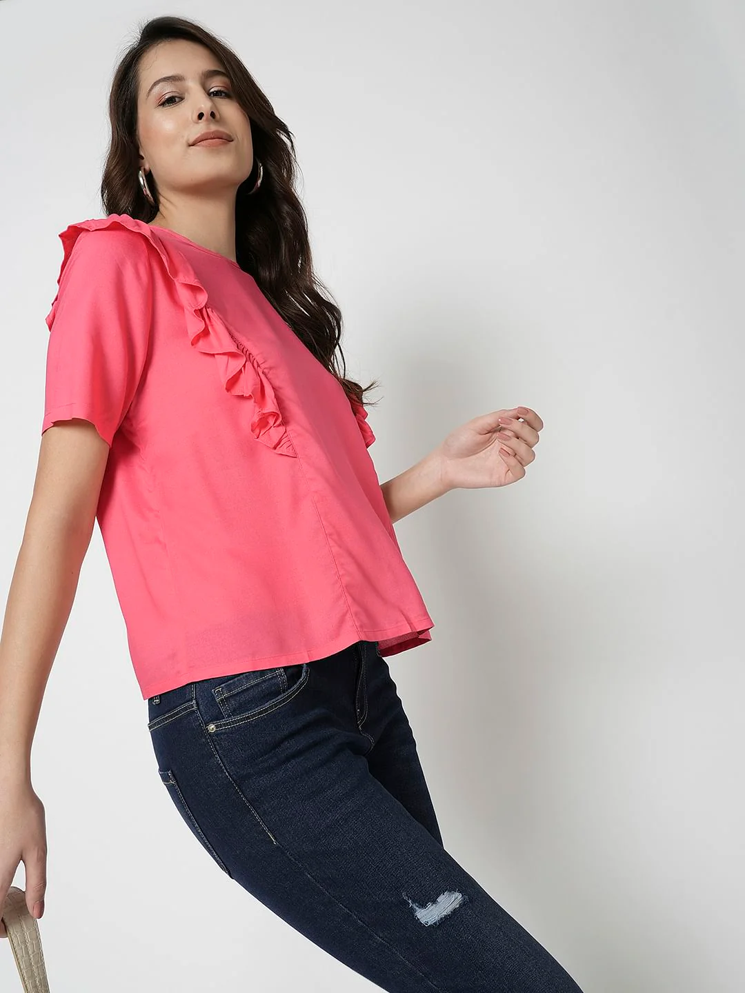I.Scenery By Vero Moda Pink Frill Detail Top
