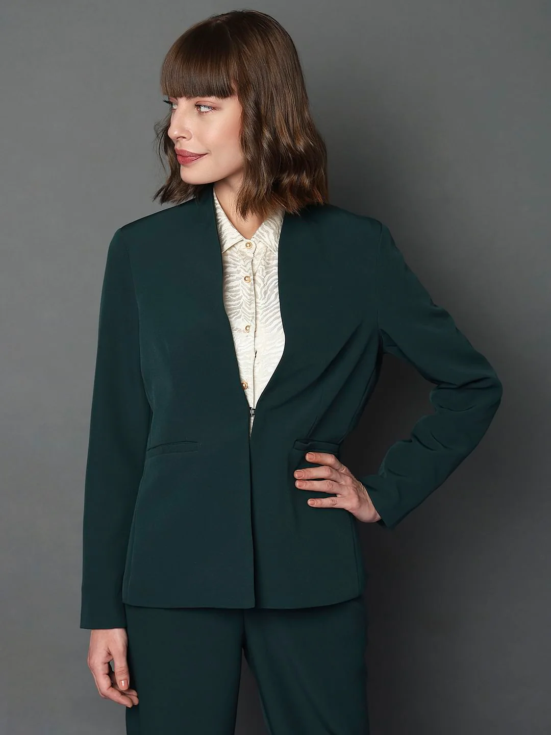 Green Front Open Co-Ord Set Blazer