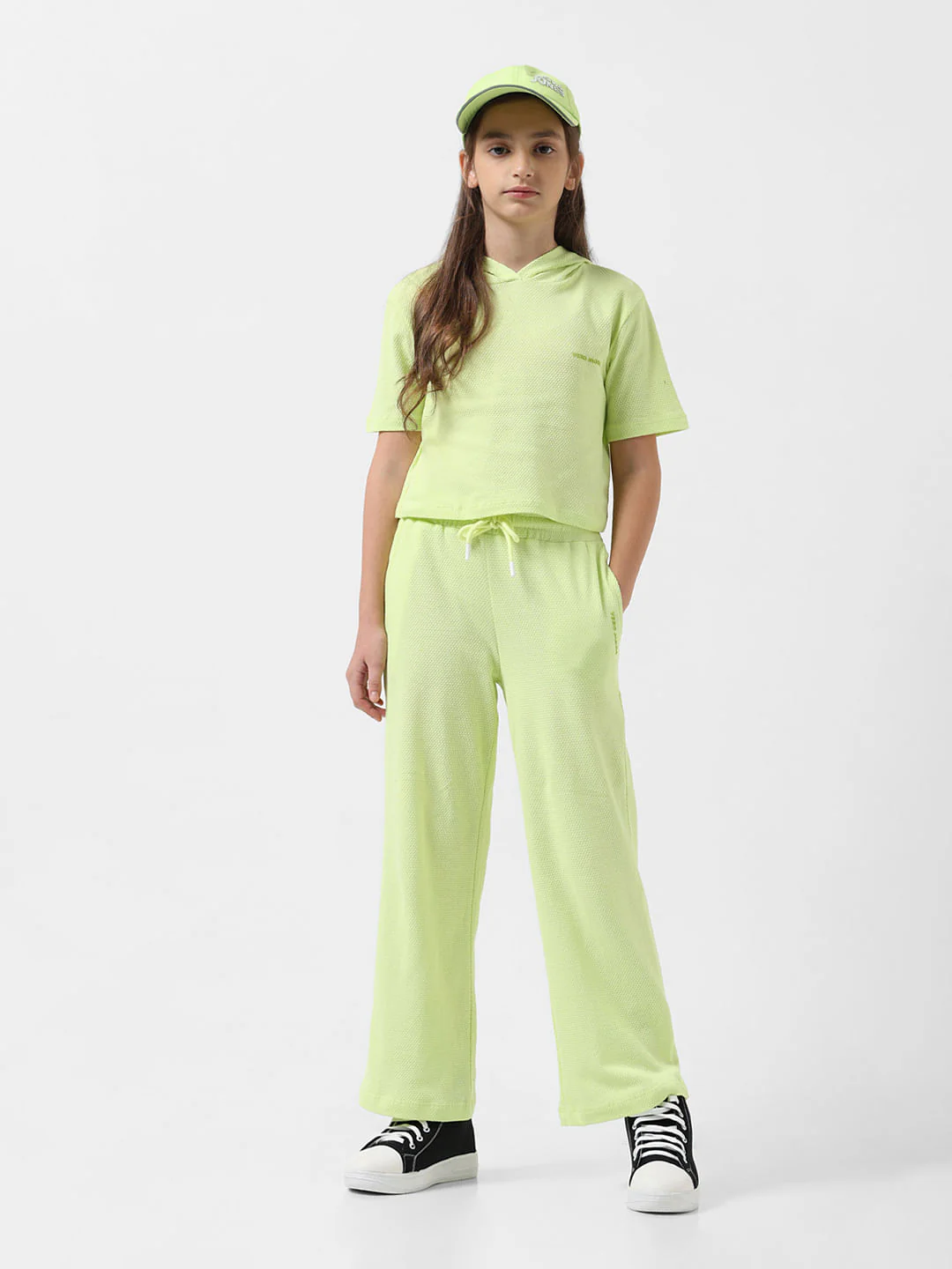 Girl Green Mid Rise Textured Flared Joggers