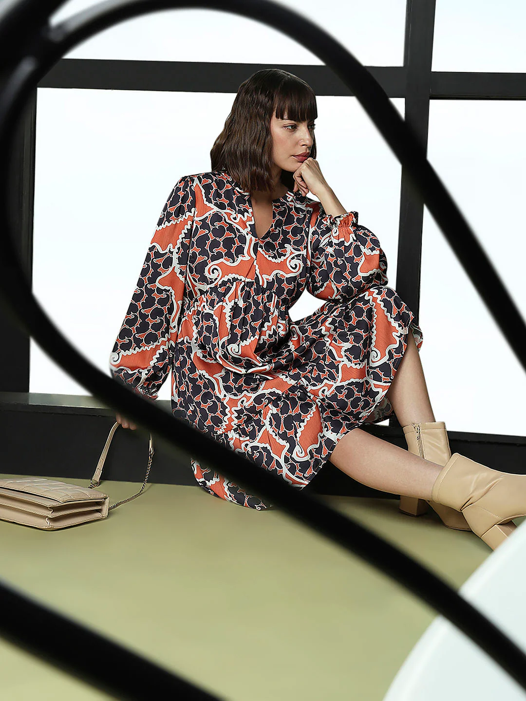 Orange Printed Shift Dress