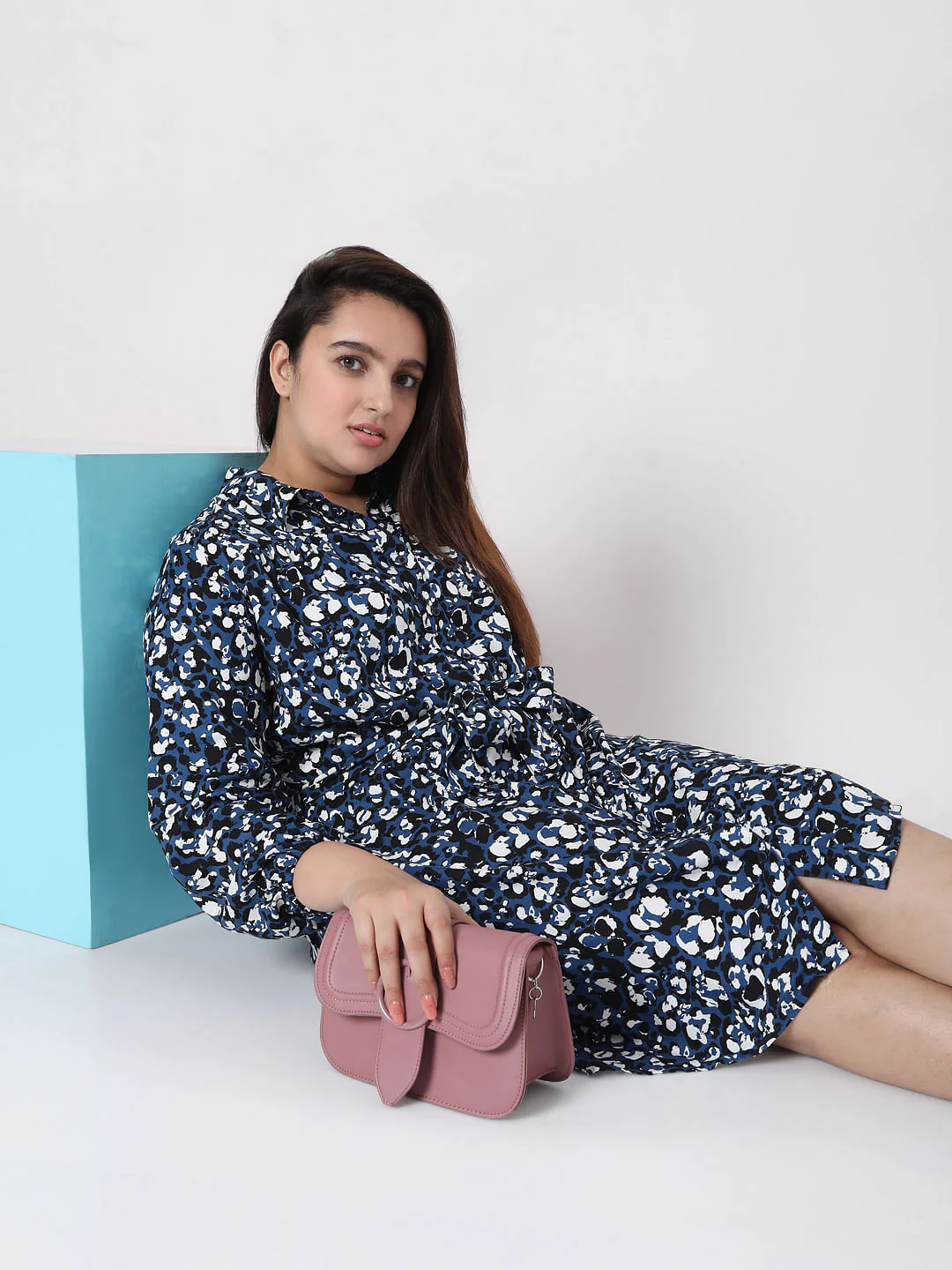 Curve Blue Abstract Print Shirt Dress