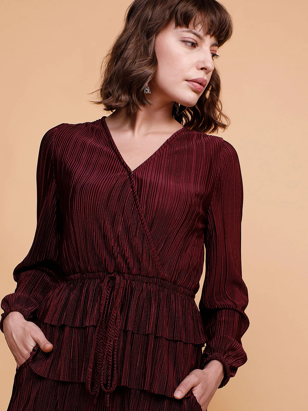 Wine Red Front Wrap Co-Ord Set Top