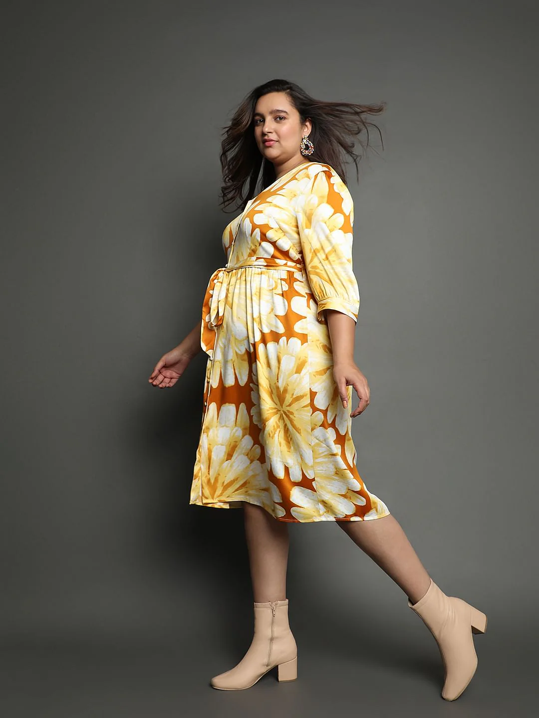 Curve Yellow Floral Print Midi Dress