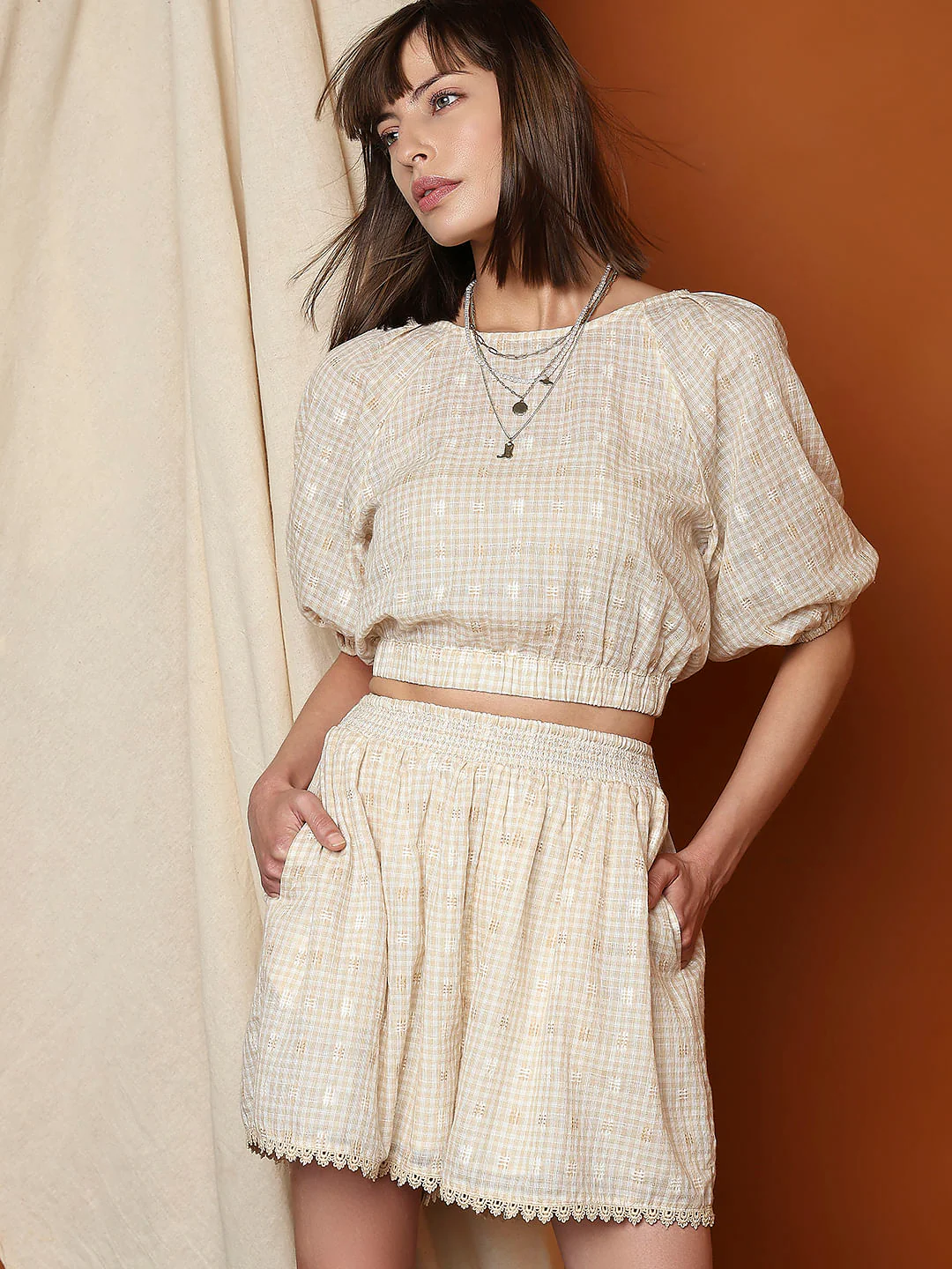 Beige Check Cropped Co-Ord Set Top