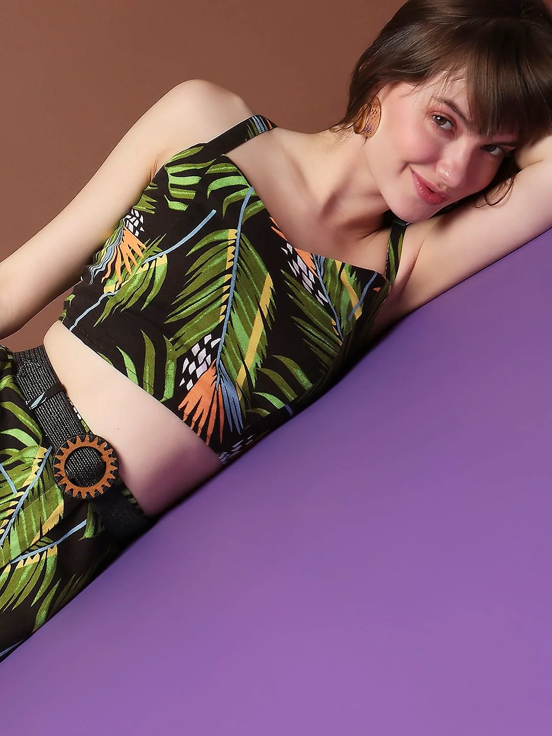 Black Tropical Print Crop Top