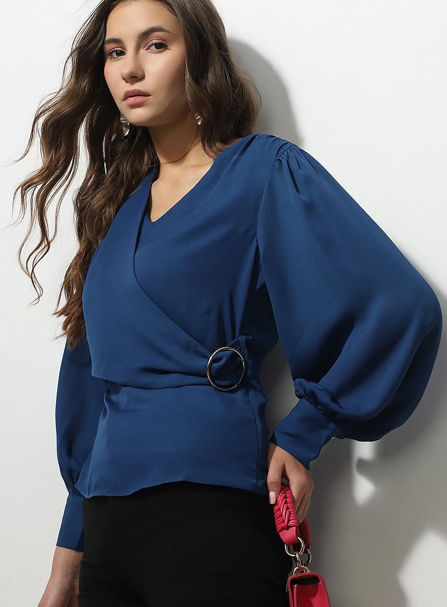 Blue Front Wrap Top