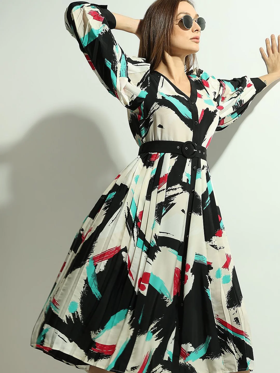 White Printed Pleated Midi Dress