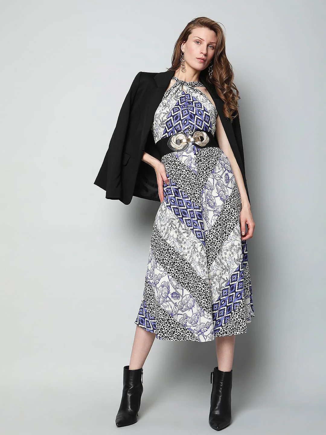 Blue Abstract Print Halter Neck Dress