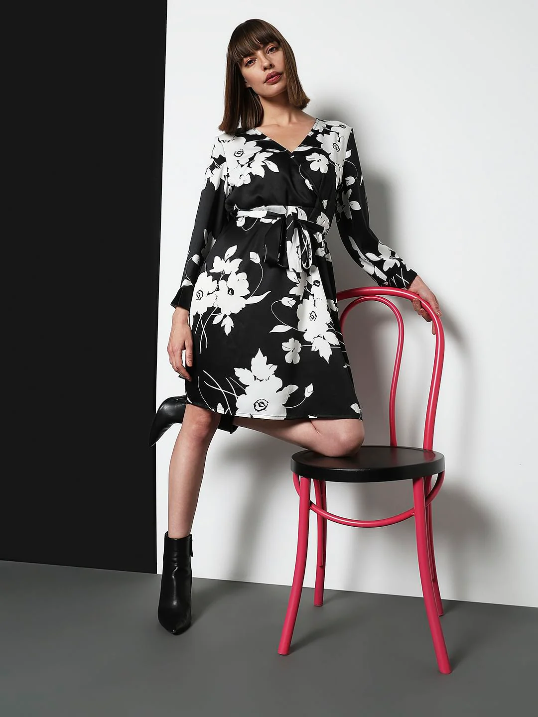 Black Floral Wrap Dress