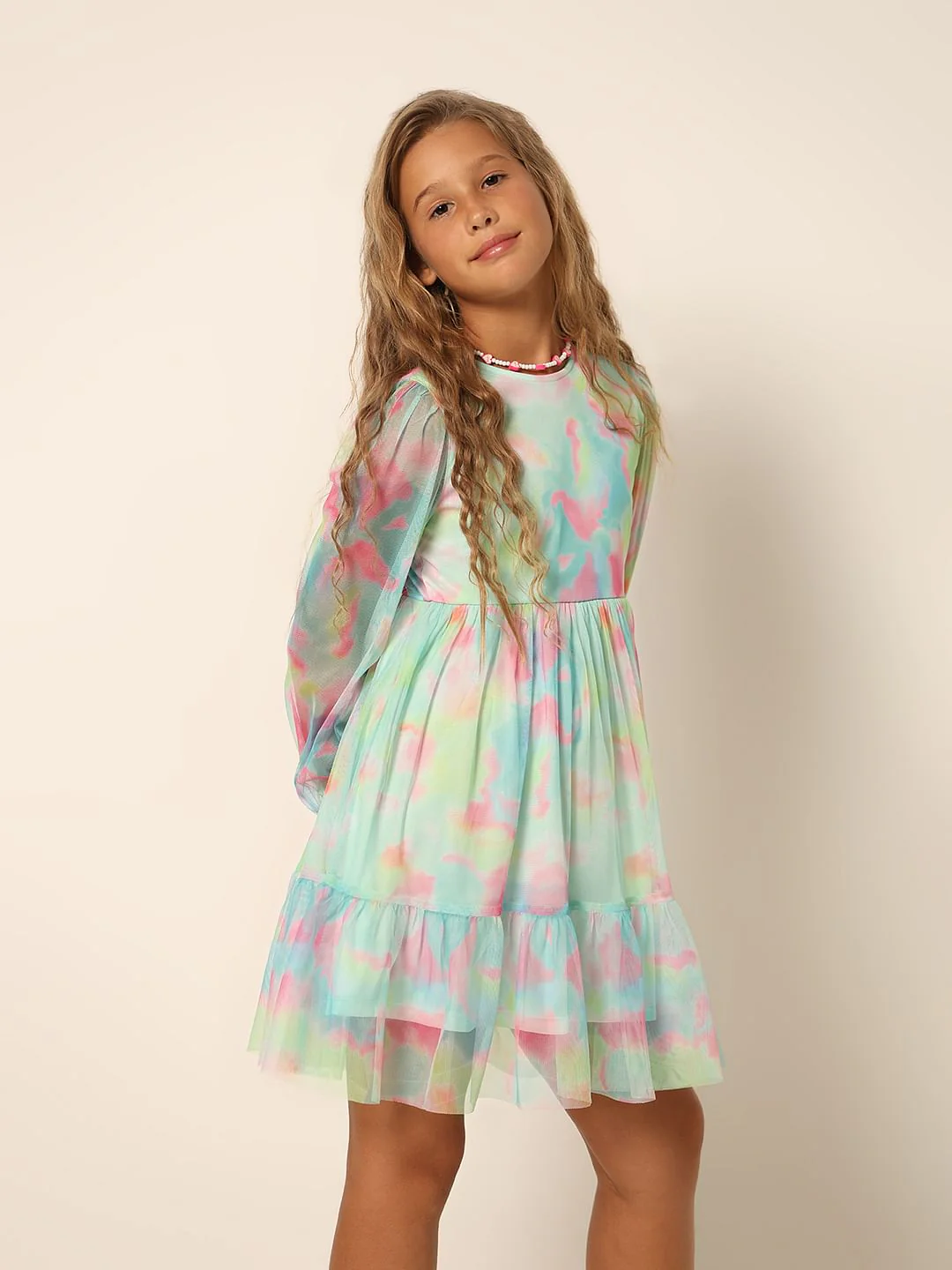 Girls Aqua Tie & Dye Fit & Flare Dress