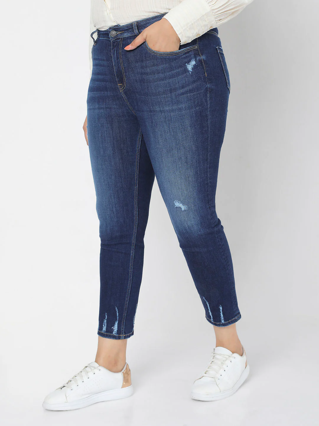 Curve Blue High Rise Ripped Skinny Jeans - Image 3