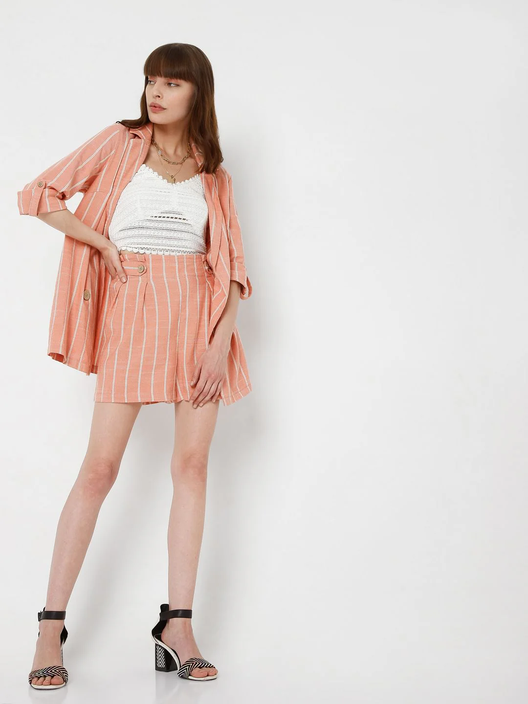 Peach Striped Co-Ord Set Shorts