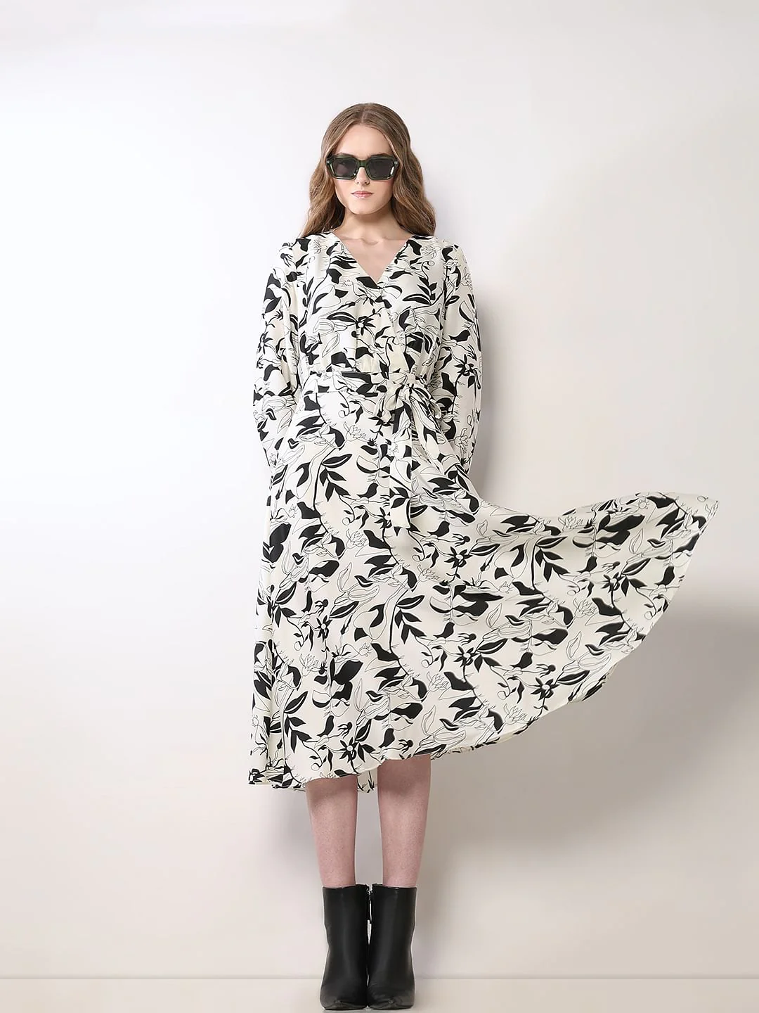 White Floral Wrap Midi Dress
