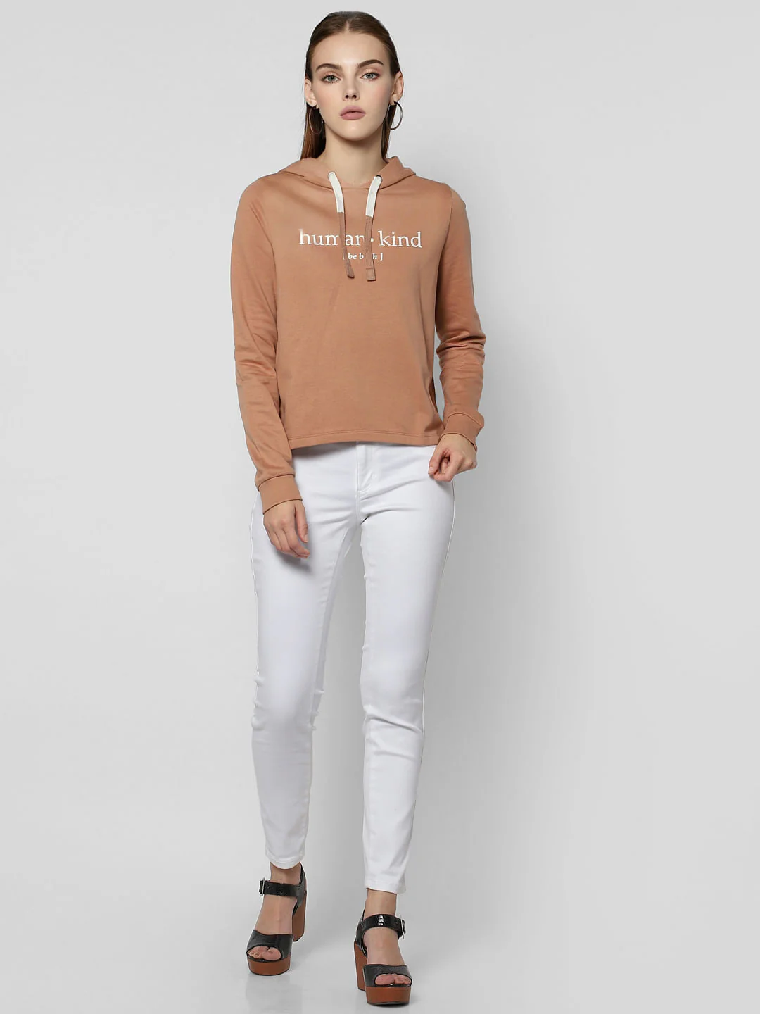 Beige Text Print Hooded Sweatshirt