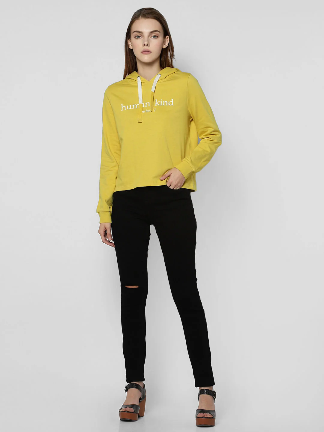 Yellow Text Print Hooded Sweatshirt