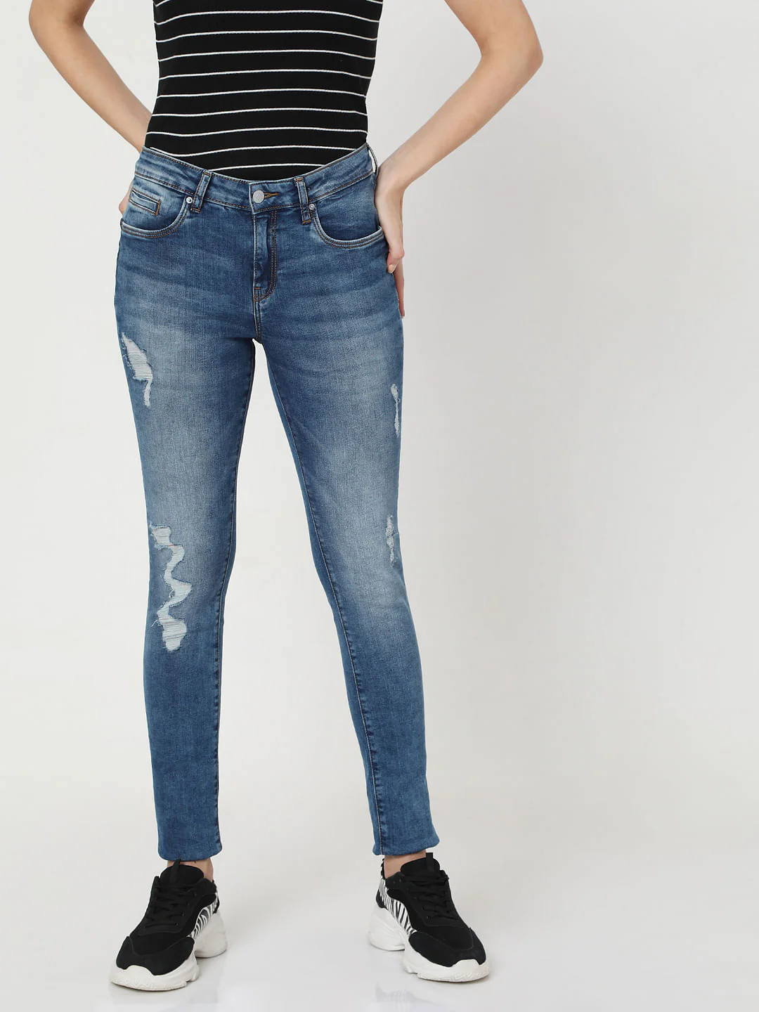 Blue Mid Rise Ripped Pushup Jeans