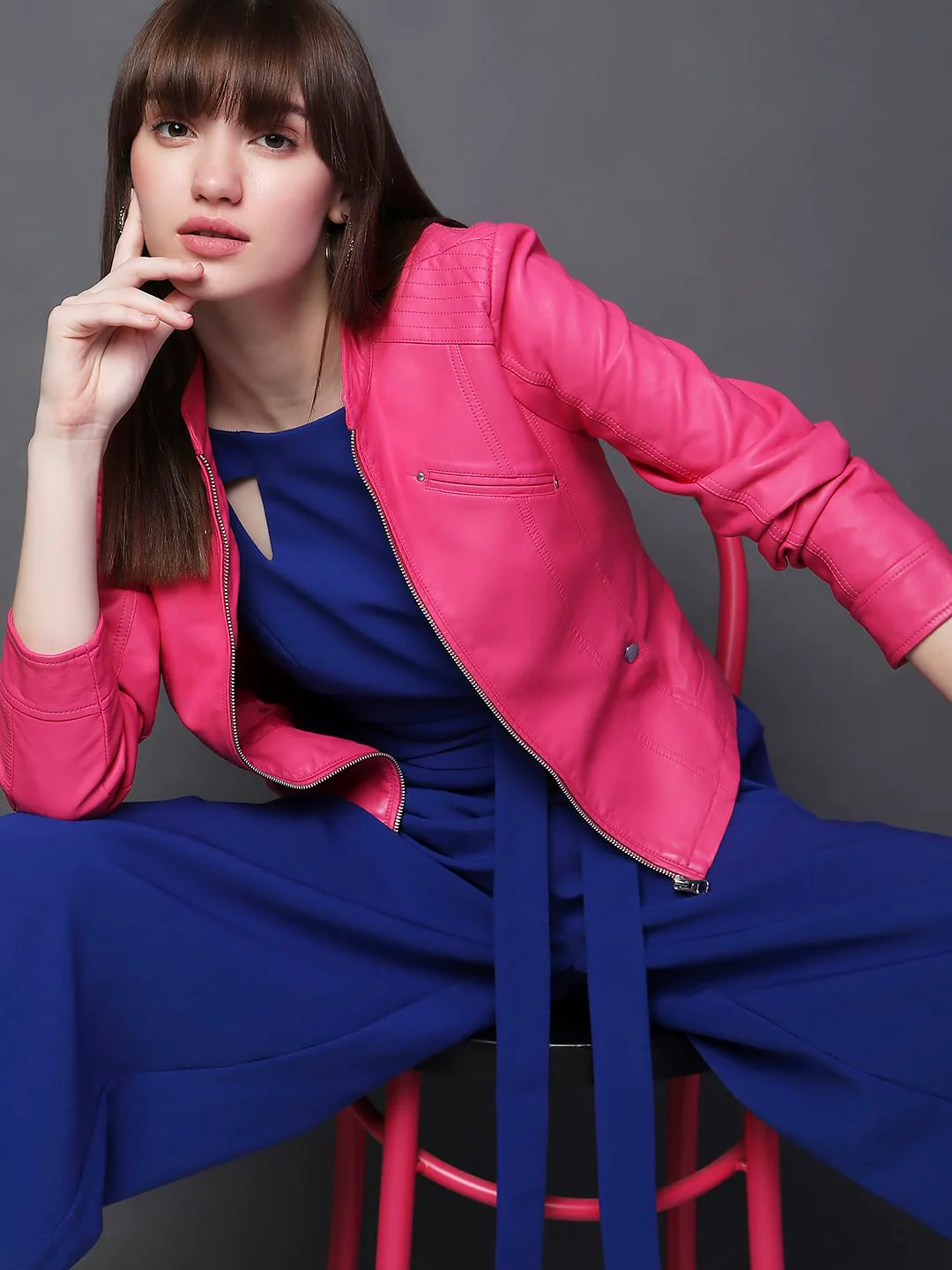 Hot Pink Faux Leather Biker Jacket