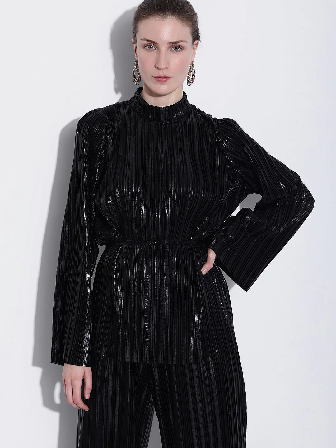 Black Metallic High Neck Co-Ord Set Top