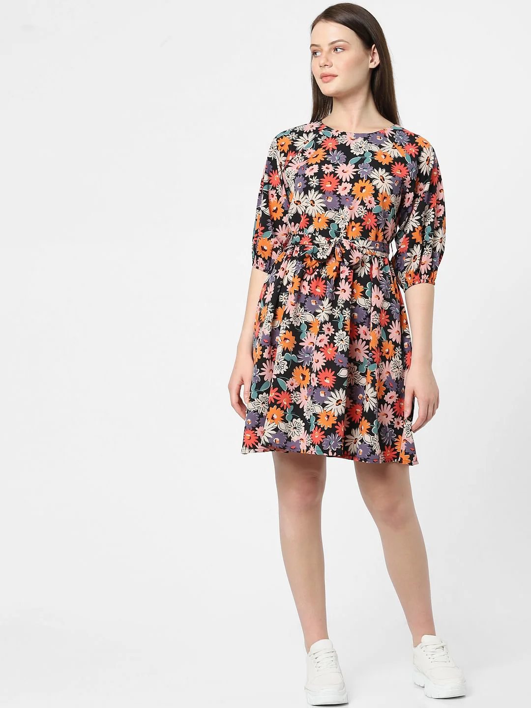 Black Floral Print Shift Dress