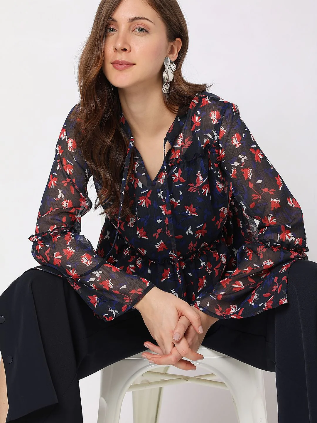 Navy Blue Floral Top