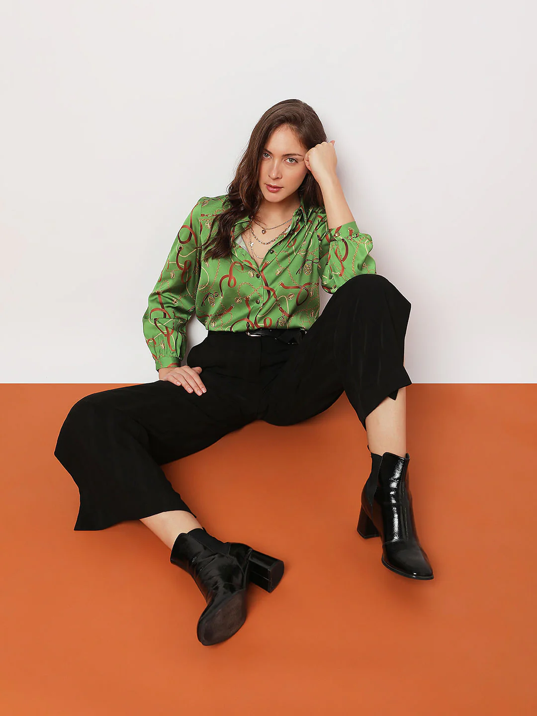 Green Chain Printed Satin Shirt