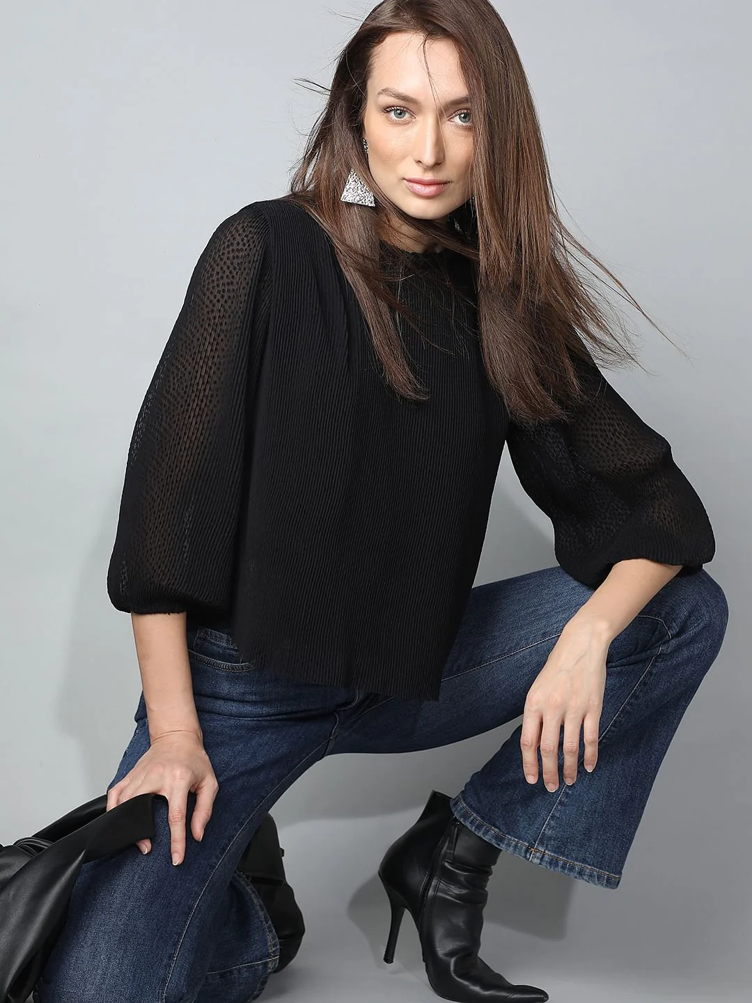 Black Plisse Pleated Top
