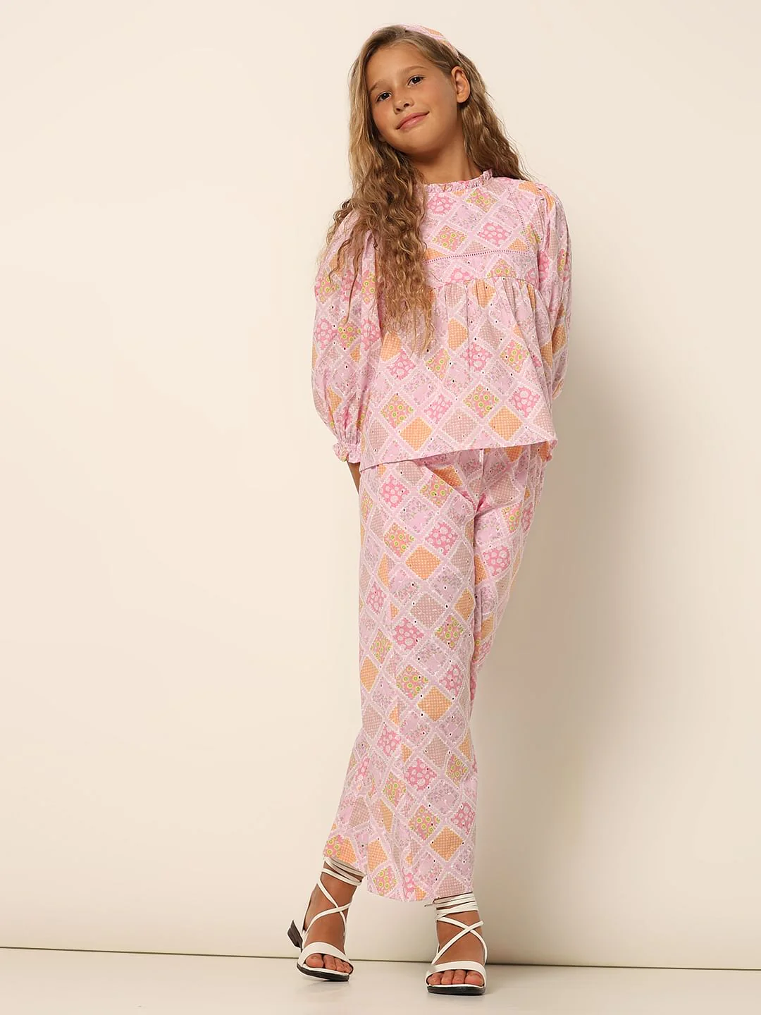 Girls Pink Schiffli Co-Ord Set Pants