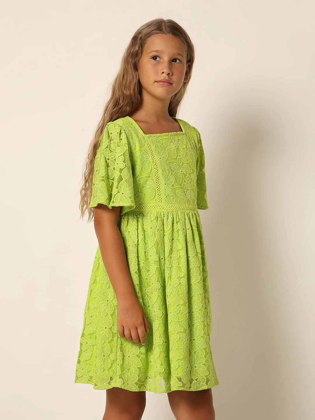 Girls Green Lace Fit & Flare Dress - Image 2