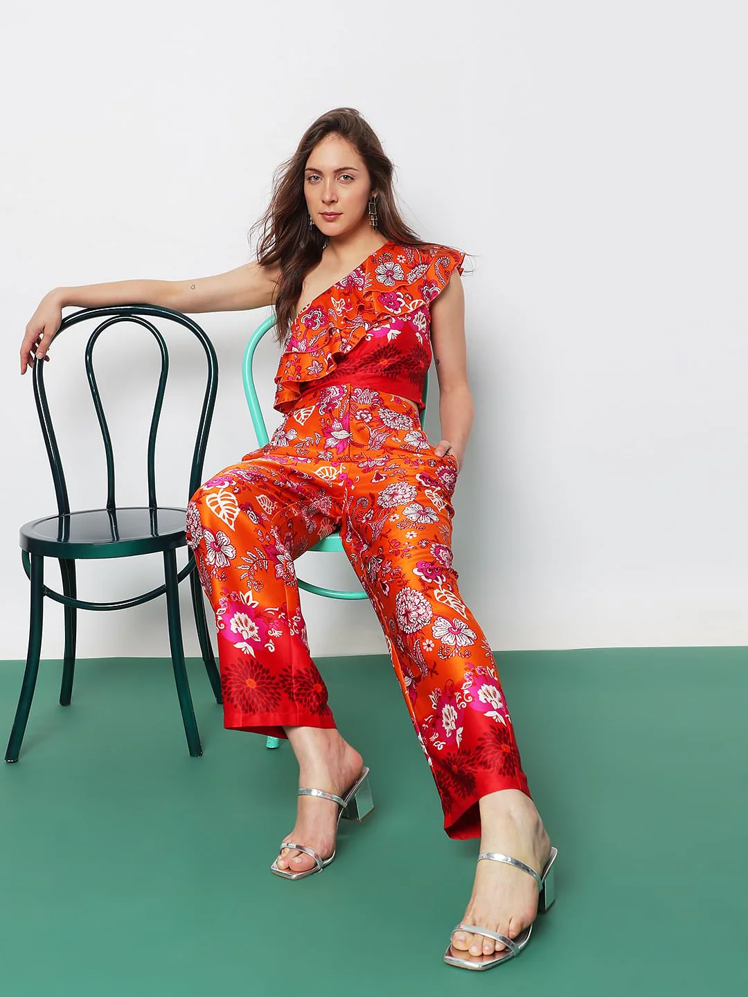 Orange High Rise Floral Co-Ord Pants