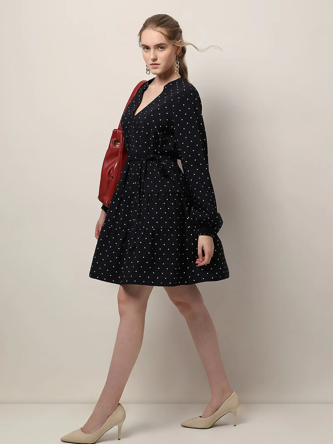 Navy Blue Polka Dot Tiered Dress