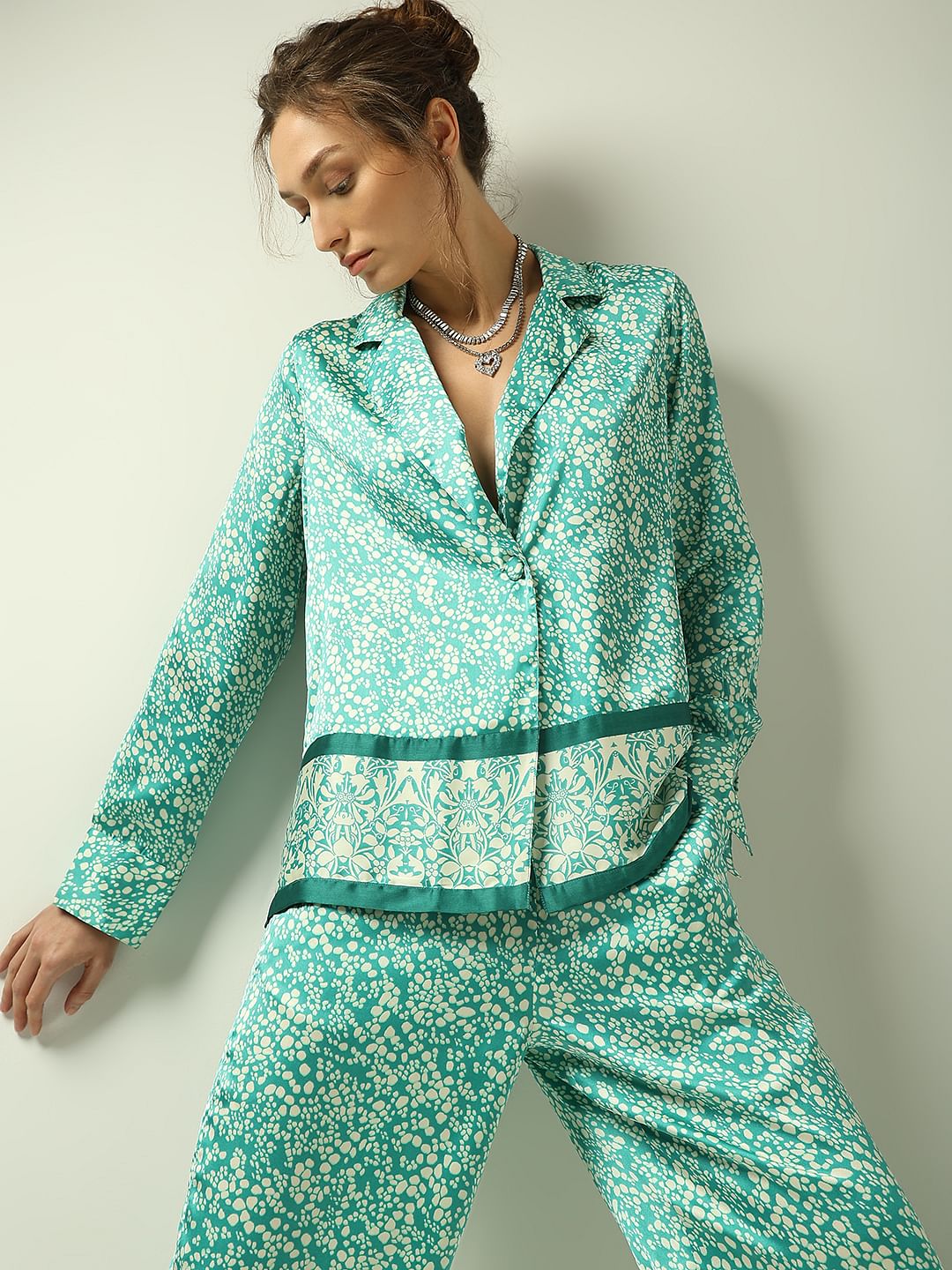 Teal Satin Loose Co-Ord Set Blazer