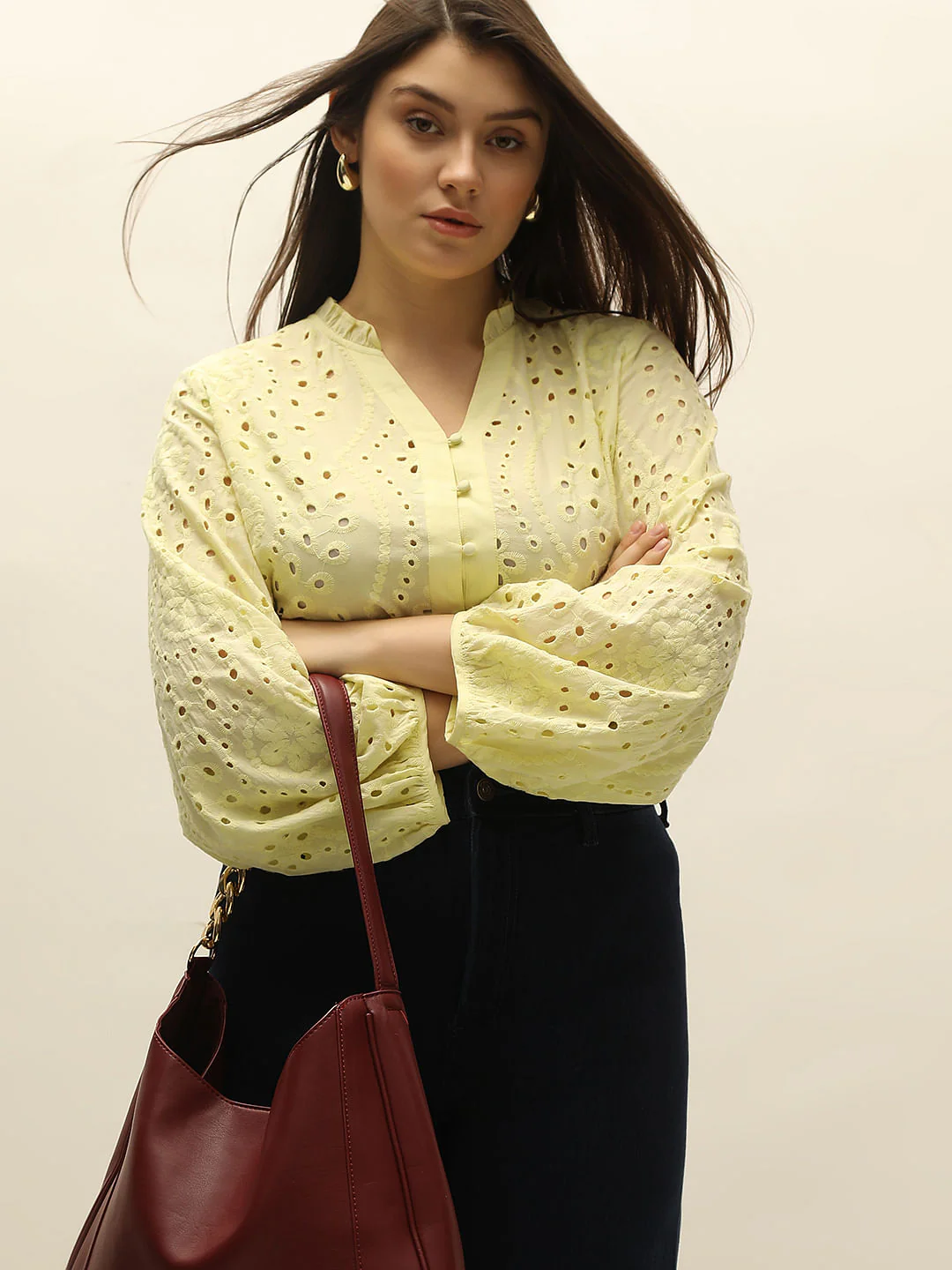 Curve Light Yellow Schiffli Top