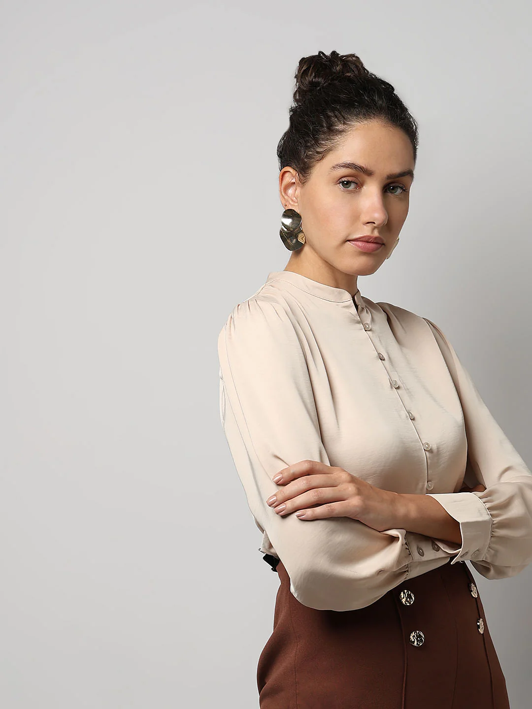 Beige Mandarin Collar Top