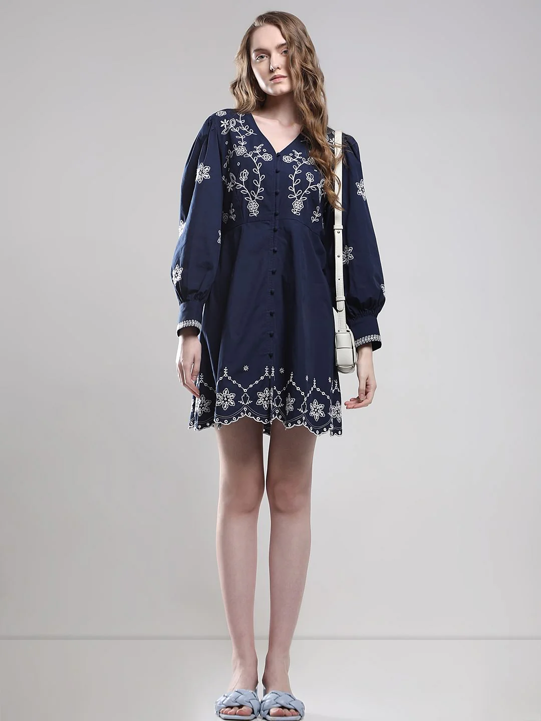 Dark Blue Embroidered Fit & Flare Dress