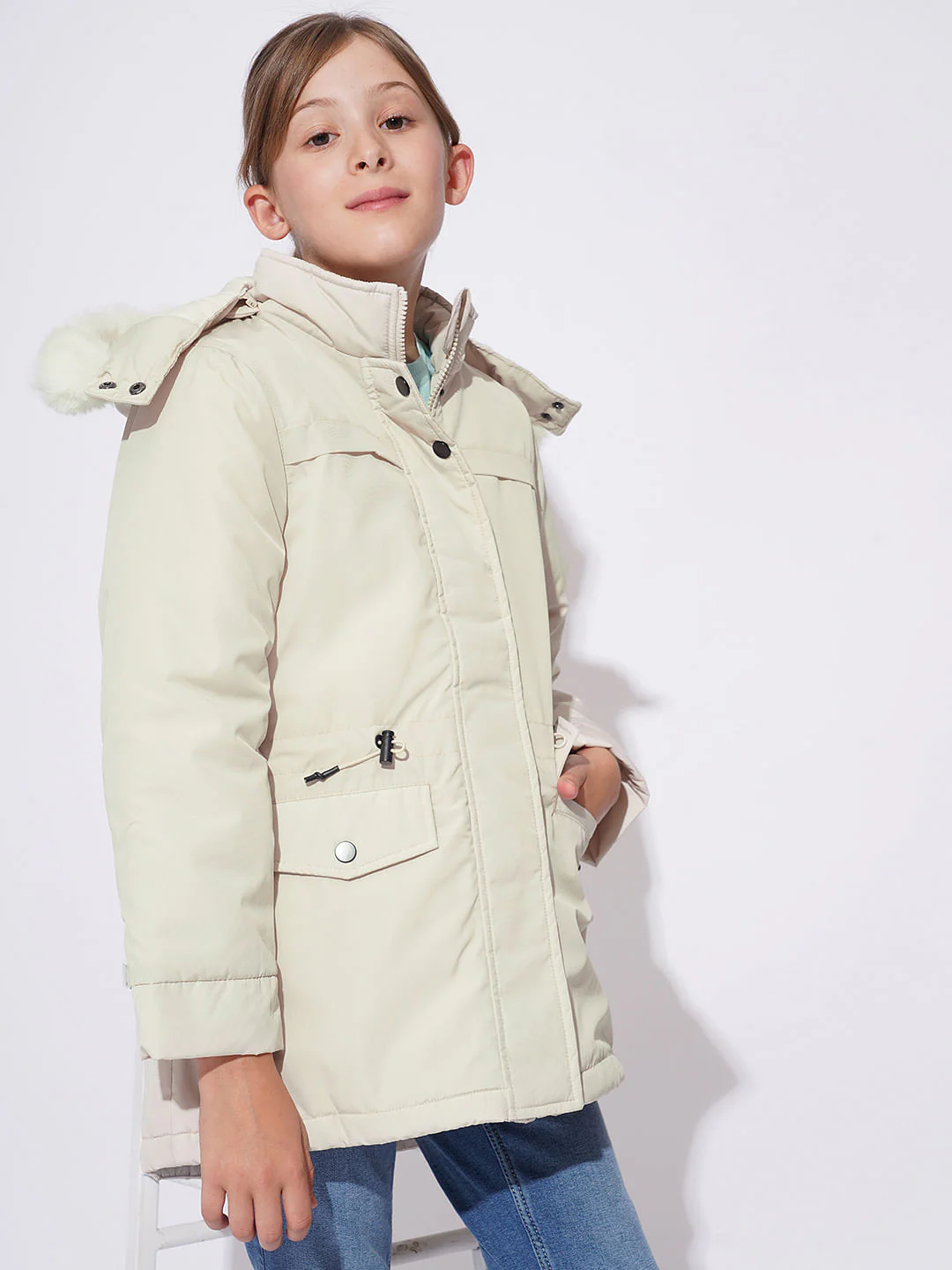 Girls White Fur Hooded Parka Jacket