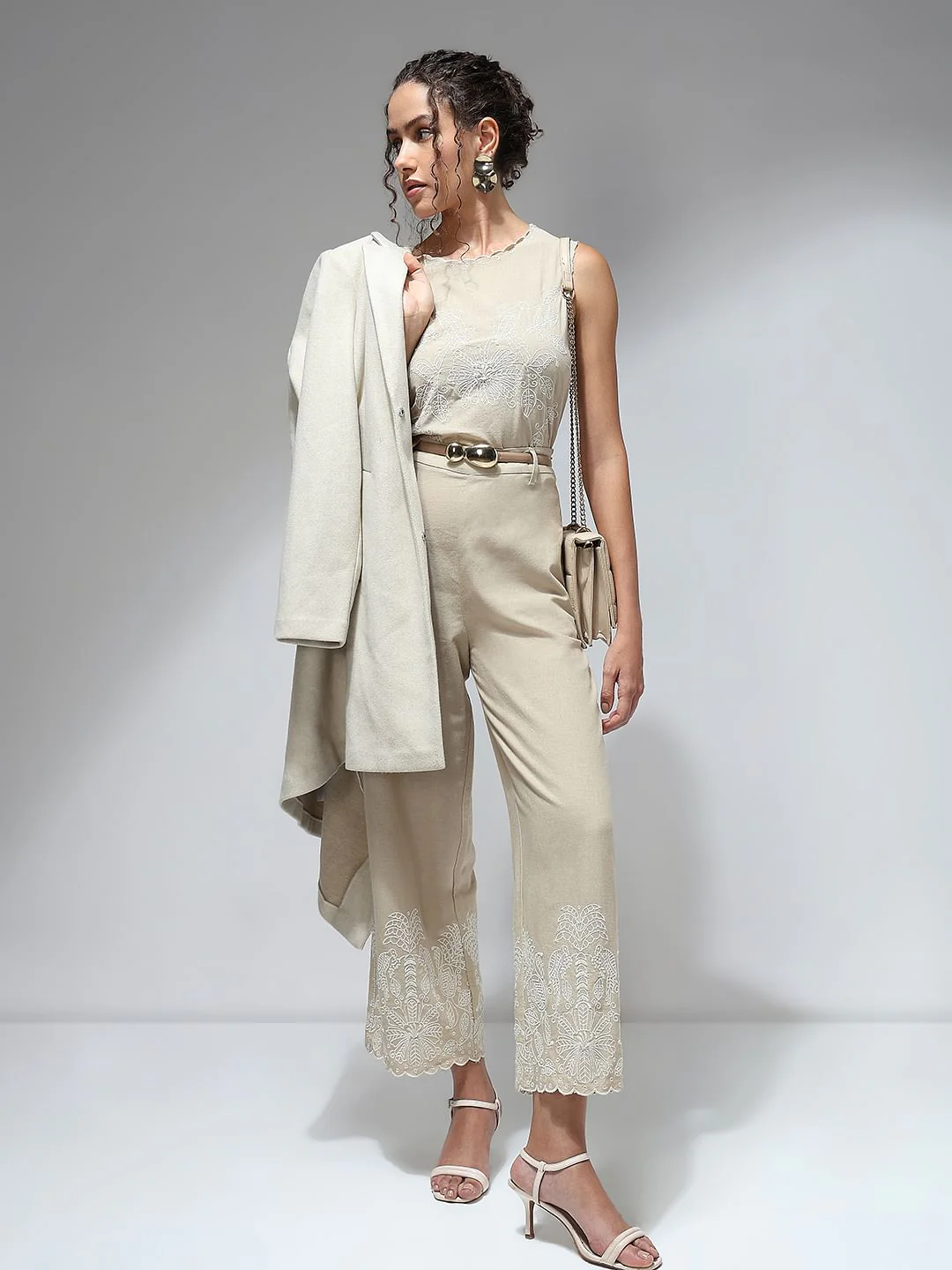 Beige Straight Fit Co-Ord Set Pants