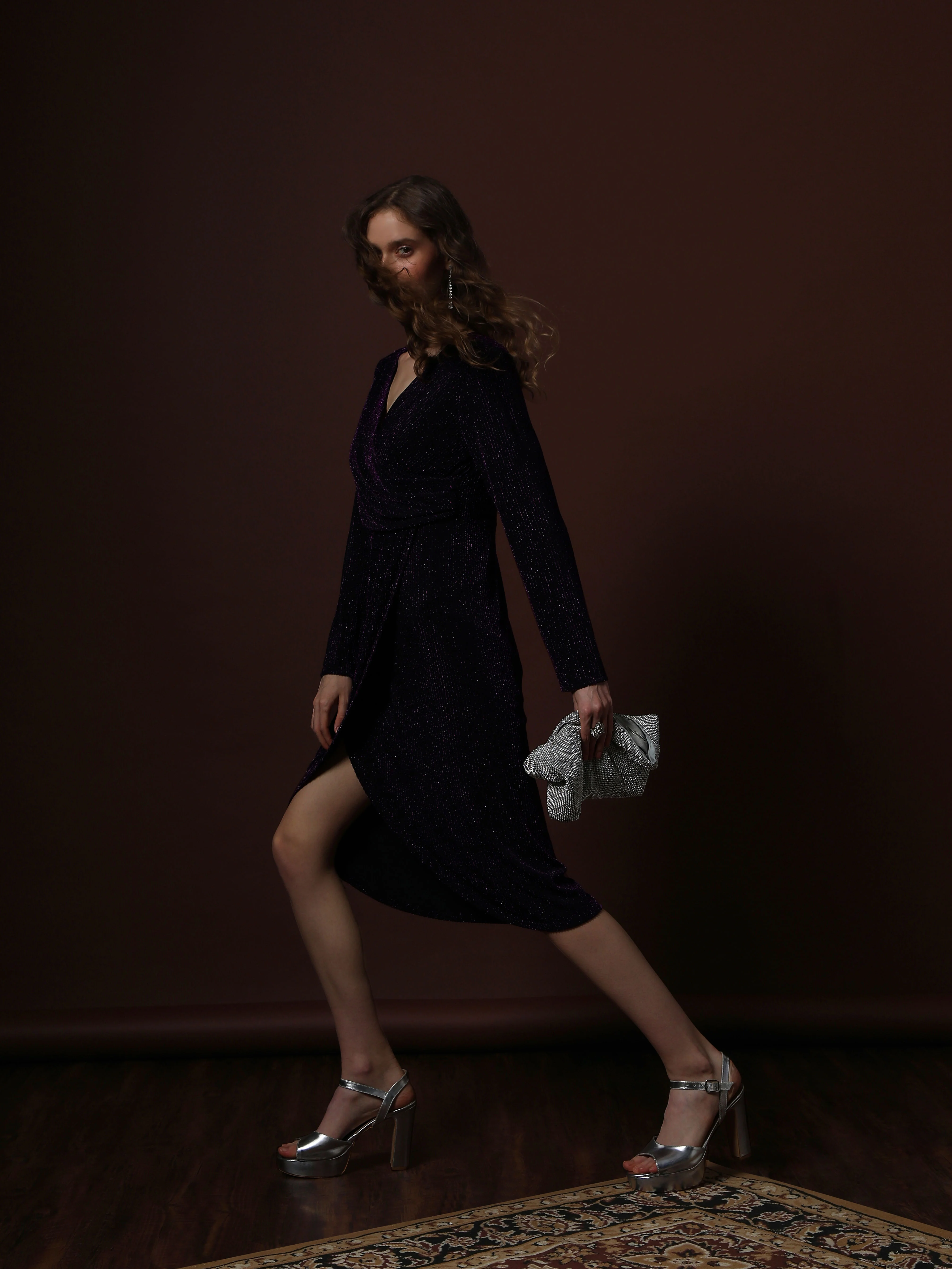 Plum Shimmer Wrap Midi Dress