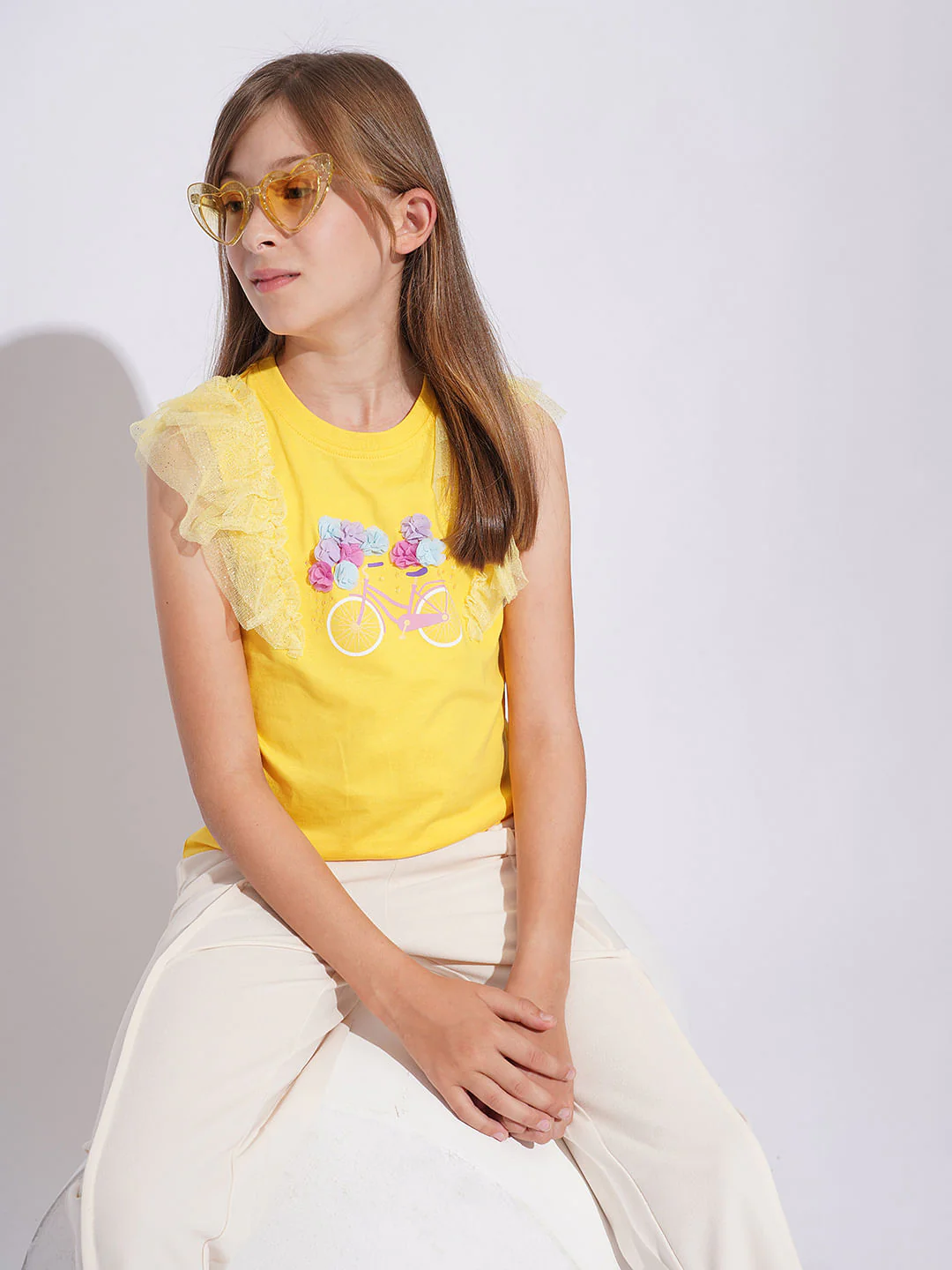 Girls Yellow Embellished Graphic T-Shirt