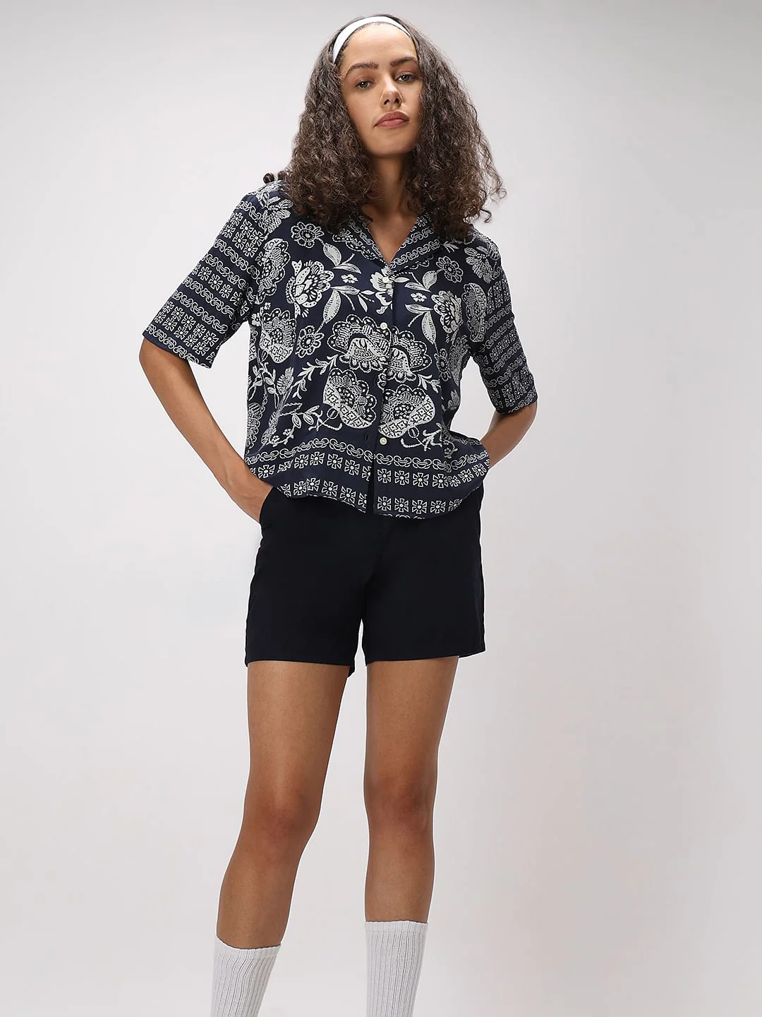 Navy Blue Printed Viscose Shirt