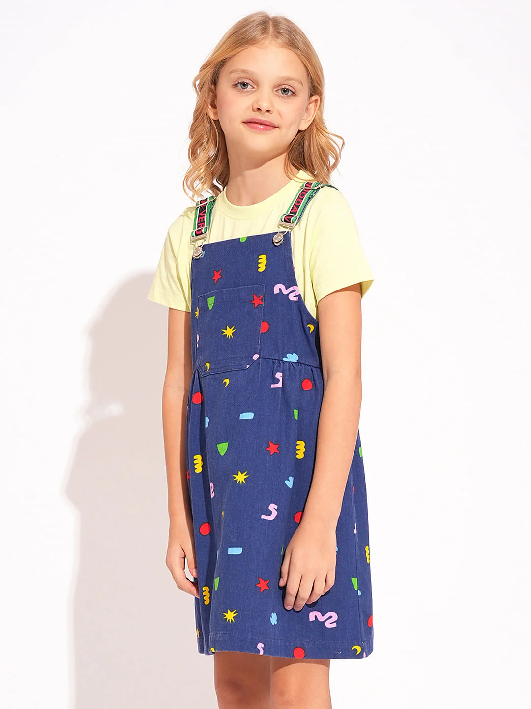 Girls Blue Printed Denim Dungaree - Image 2