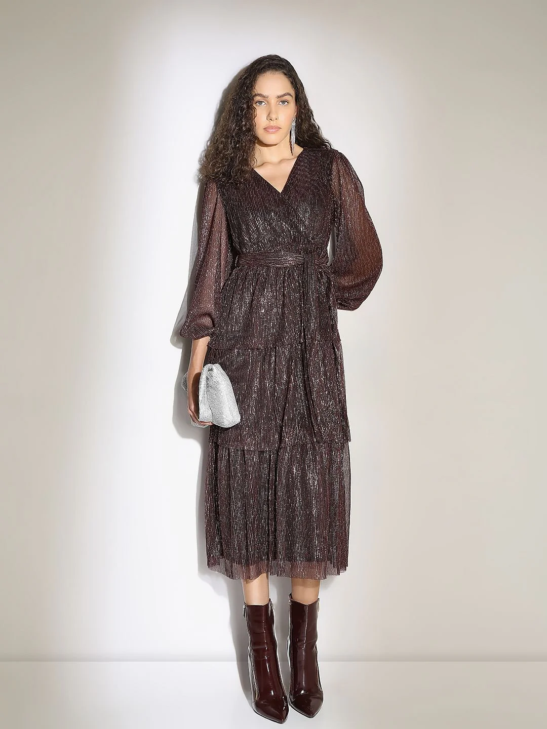 Wine Shimmer Pleated Midi Dress