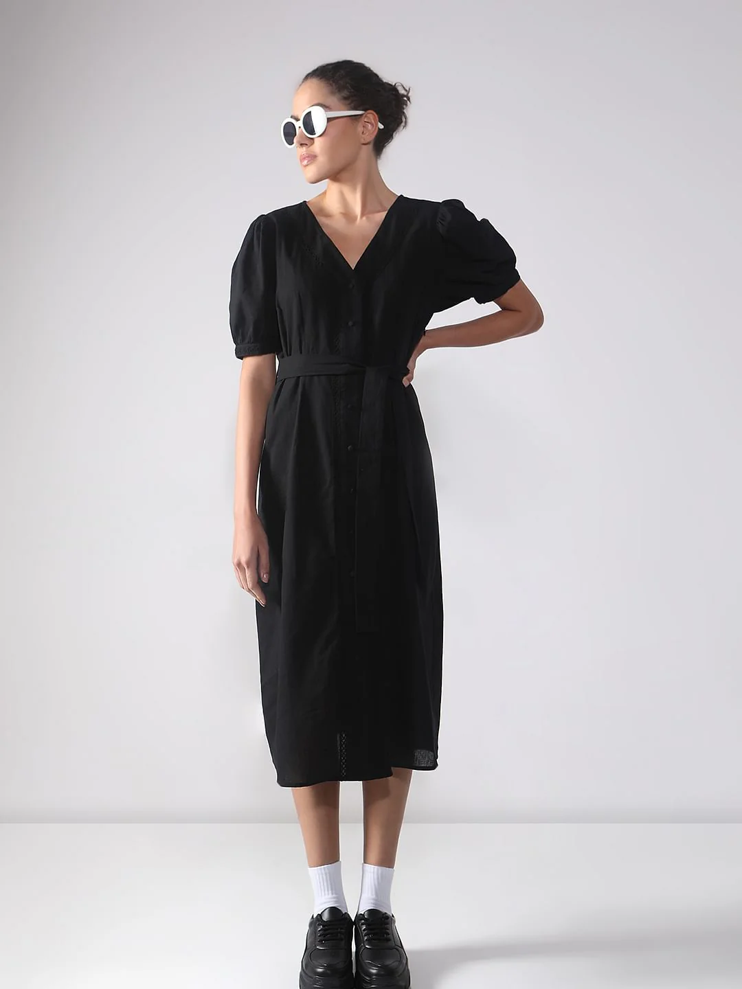 Black V-Neck Midi Dress