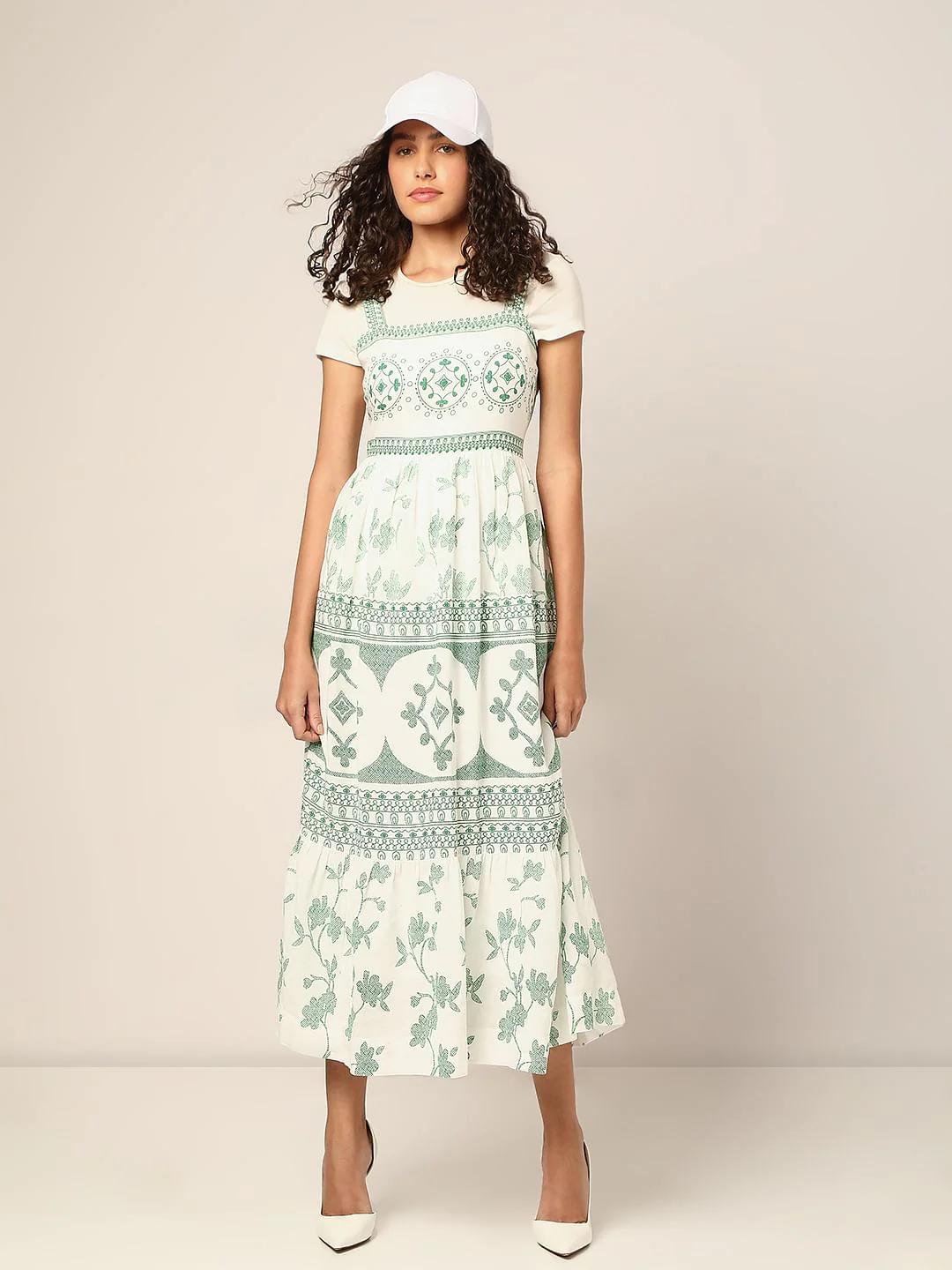 Green Printed Strappy Long Dress