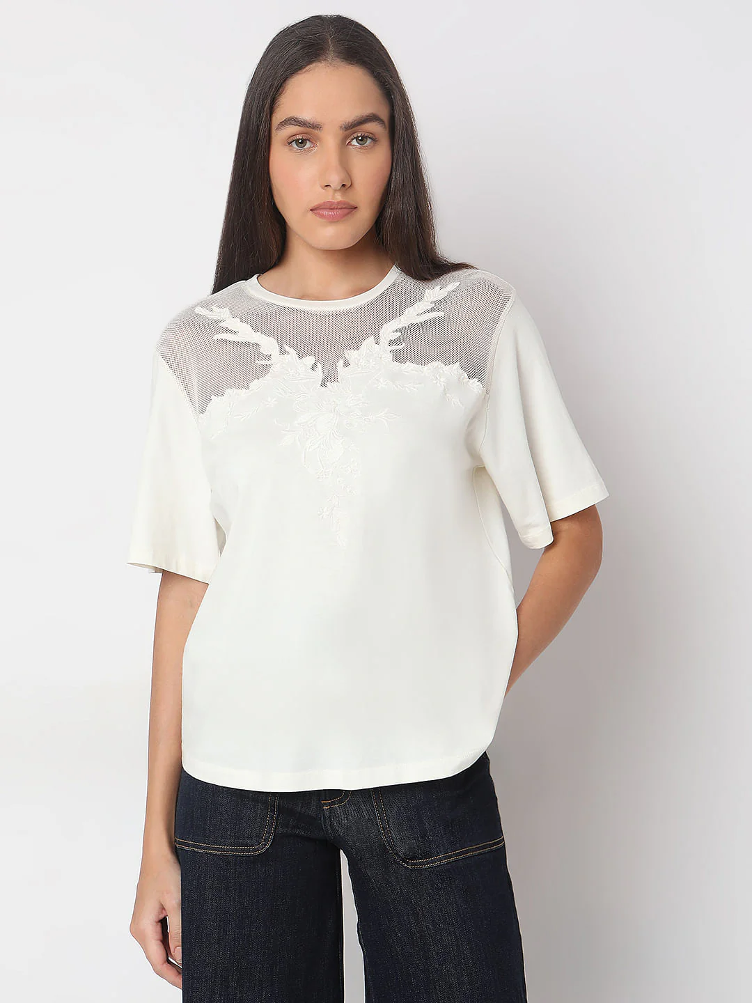 White Floral Appliqu Mesh T-Shirt - Image 2